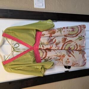 Anthro A'Reve Women's Mini Dress w/ Green Sheer Sleeves & Floral Skirt- Medium